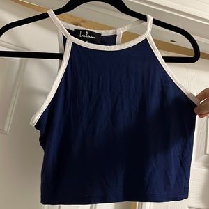 Navy and White High Neck Crop Top